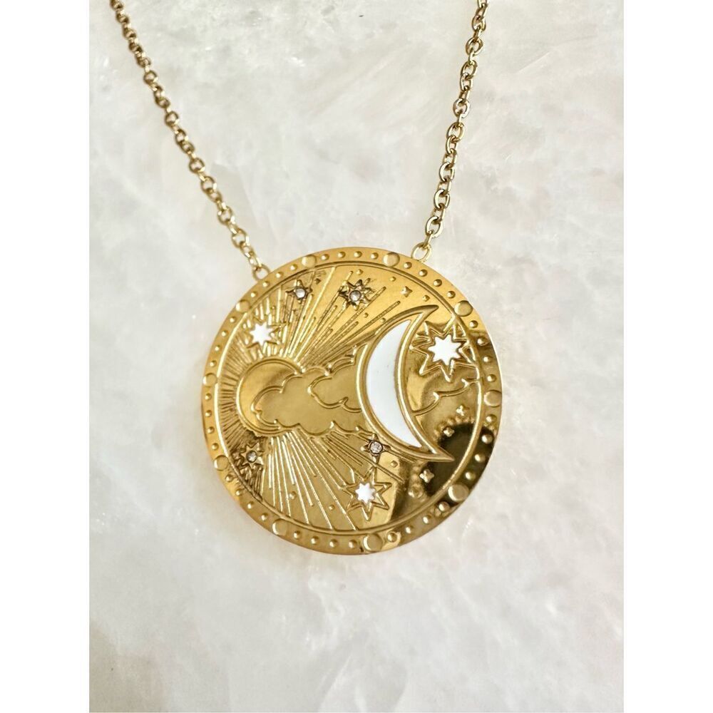 Crescent Moon and sun shine coin gold color stainless steel pendant necklace (17